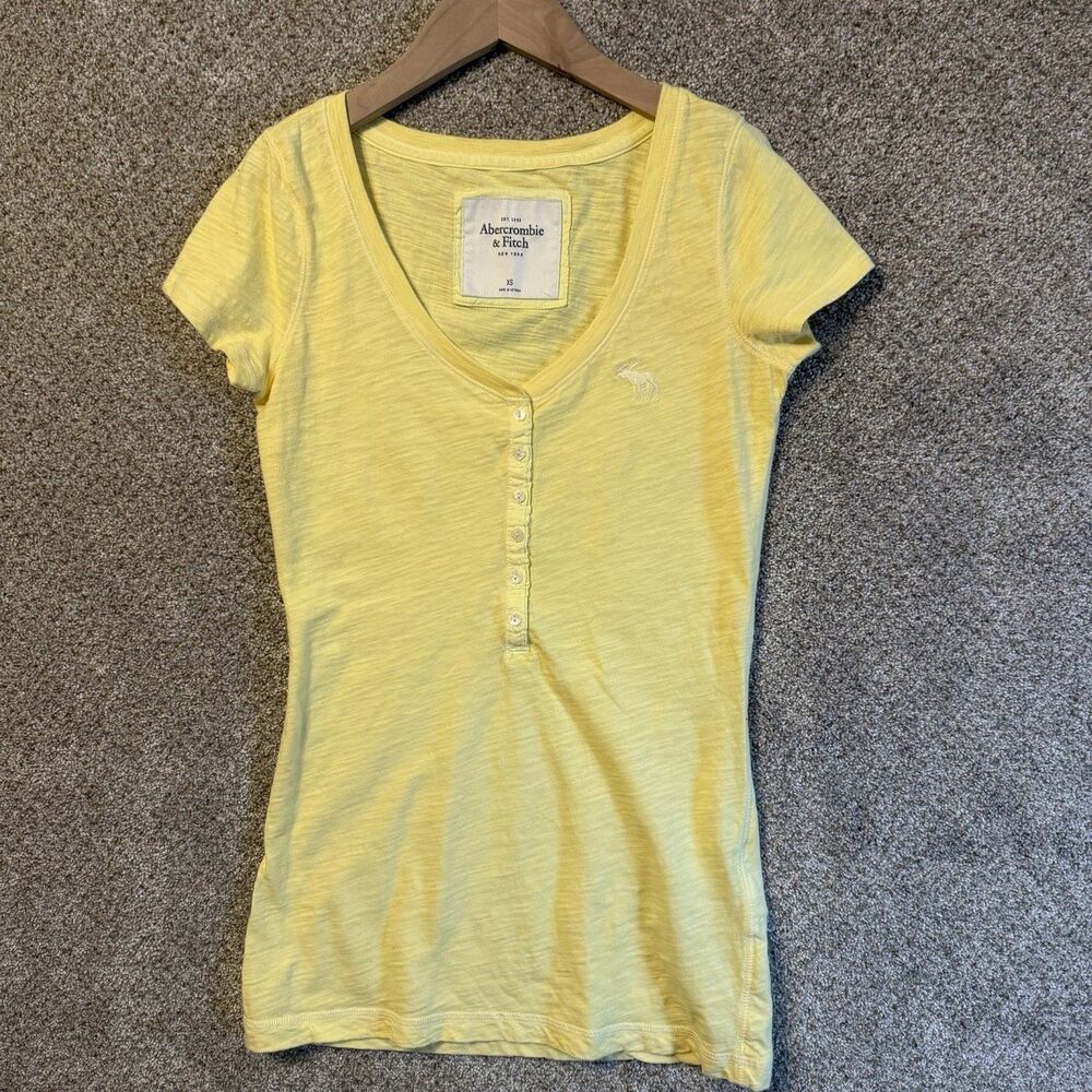 Vintage Abercrombie & Fitch Henley Women XS Yellow Y2K Short Sleeve Top
